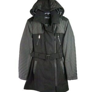 Kenneth Cole New York Women Size M (8) Black Down Full Jacket Hood Belt Font Zip